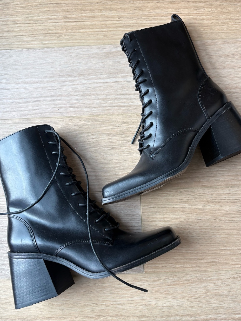 Women's Black Lace-Up Block Heel Boots